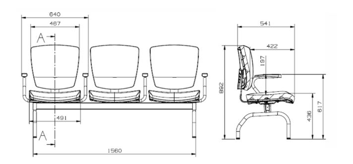 Desenho técnico com as dimensões da longarina Vênus 3 lugares