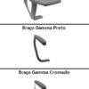 Opções de braços da longarina Vênus: Delta, Delta com prancheta, Gamma preto, Gamma cromado e Corsa