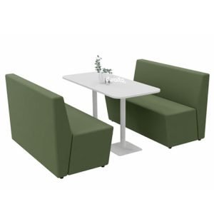 Conjunto de sofá em L verde com mesa retangular branca, ideal para refeitórios.