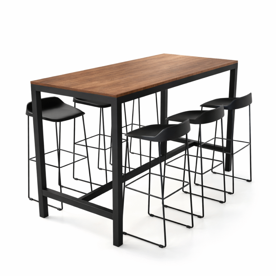 Mesa Alta para Refeitório Corporativo com estrutura de aço Metalon preta e tampo de madeira, altura 1,10m, acompanhada de quatro banquetas altas modernas. Solução funcional para áreas de alimentação e convivência em empresas de SP e Brasil.