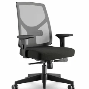 Cadeira ergonômica Cavaletti Yon totalmente preta, com apoio de cabeça regulável e encosto em tela respirável. A imagem mostra o produto de perfil e de costas, destacando o design do suporte lombar e os braços ajustáveis.