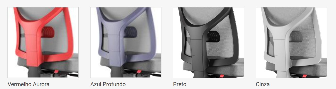 Mosaico de cadeiras ergonômicas Cavaletti Yon exibindo variações de cores de estrutura (cinza e preto), telas e assentos, sobre fundo branco.