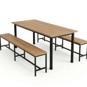 Conjunto de mesa para refeitório Duratta com banco solto. Tampo e assento amadeirados com estrutura de aço preta. Vista detalhada mostrando a durabilidade e o design funcional para refeitórios industriais e corporativos, com foco na facilidade de limpeza.