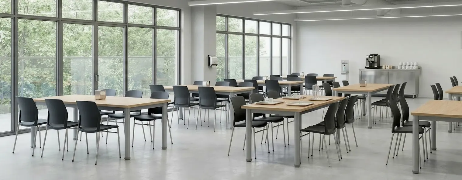 Fotografia de um refeitório corporativo moderno e amplo, com várias mesas retangulares de tampo amadeirado claro e cadeiras de polipropileno preto em um espaço com piso de concreto polido e grandes janelas panorâmicas voltadas para uma área verde. A área de serviço ao fundo exibe uma estação de aço inoxidável e a placa "Área de Refeição".