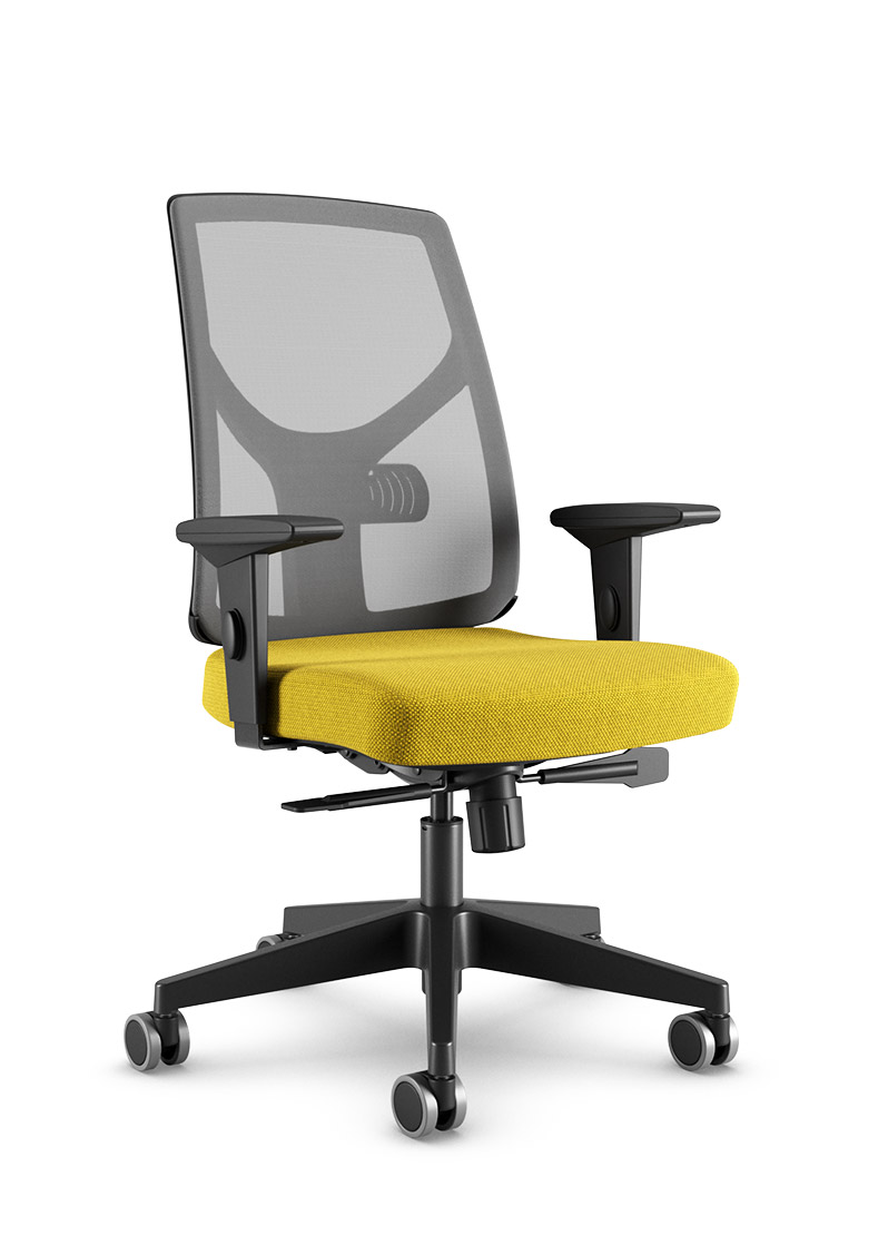 Cadeira Yon 47301 Syncron – tela Velo grafite – braços SL – base nylon preta – assento amarelo
