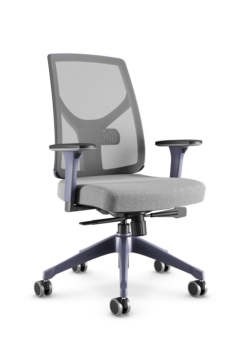 Cadeira Yon 47301 Syncron – tela Velo grafite – braços MC – base UP – detalhe azul Profundo
