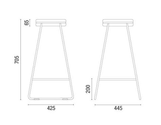 Desenho técnico com as medidas da banqueta Spin 36814 Cavaletti: altura 705 mm, largura 425 mm, profundidade 445 mm, assento de 65 mm e apoio para os pés a 200 mm do chão