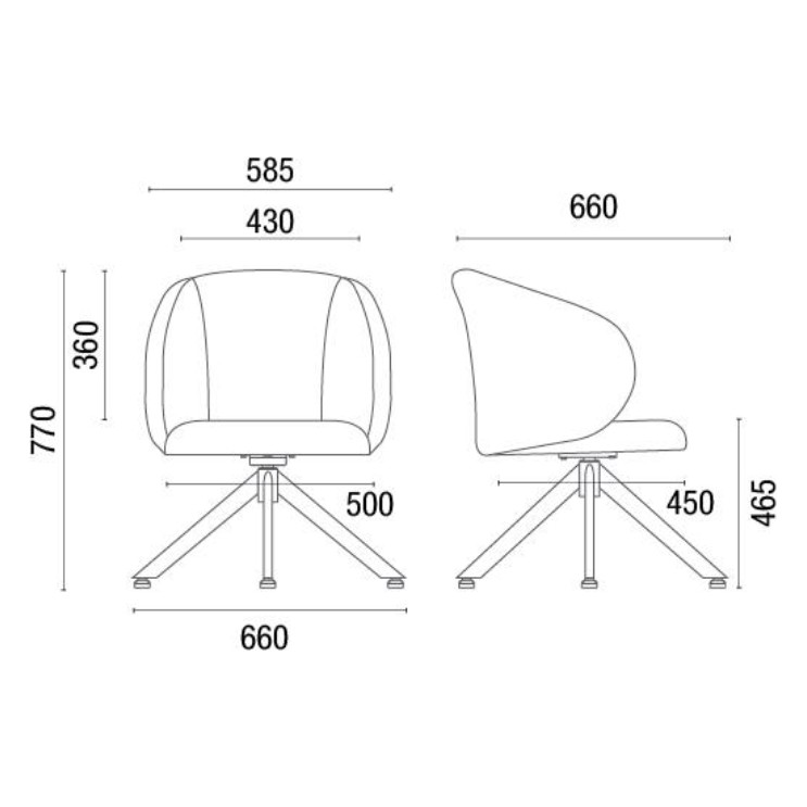 Desenho técnico com as dimensões da poltrona corporativa giratória Nantes: 58,5 cm de largura, 66 cm de profundidade, 77 cm de altura e assento a 46,5 cm do chão