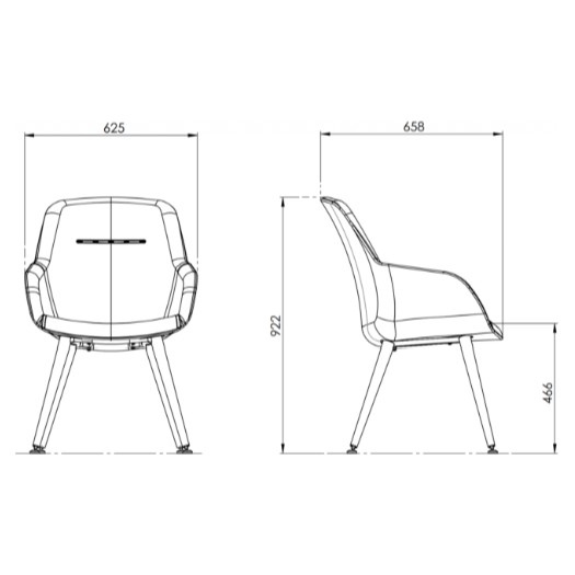 Desenho técnico da poltrona WAY encosto alto: largura 62,5 cm, profundidade 65,8 cm, altura 92,2 cm e assento a 46,6 cm