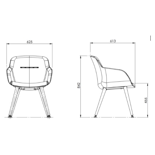 Desenho técnico da poltrona WAY encosto baixo: largura 62,5 cm, profundidade 61,3 cm, altura 84,2 cm e assento a 46,6 cm