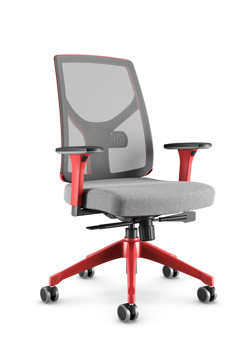 Cadeira Yon 47301 Syncron – tela Velo grafite – braços MC – base UP – detalhe vermelho Aurora